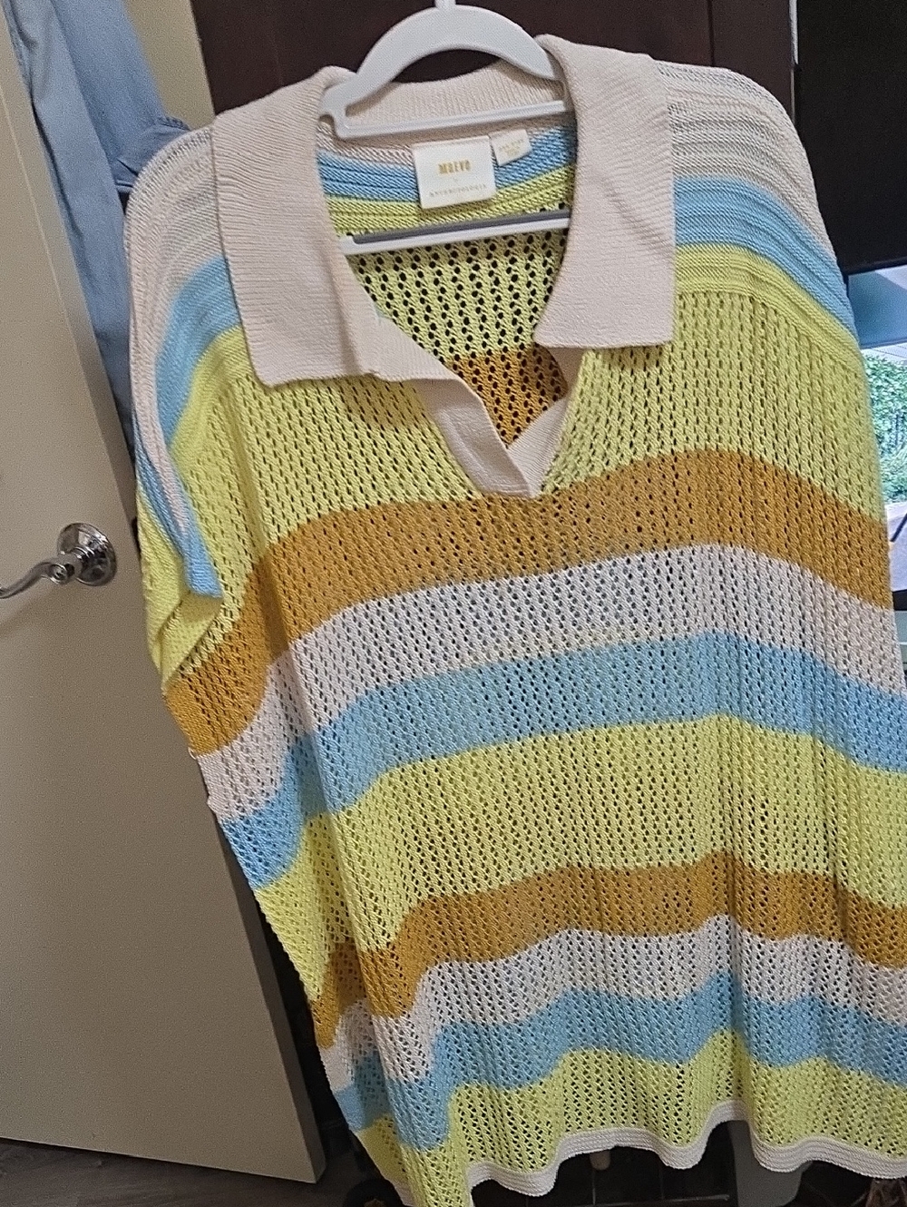 Anthropologie Maeve Open-Knit Striped Top in Cream, Blue & Yellow